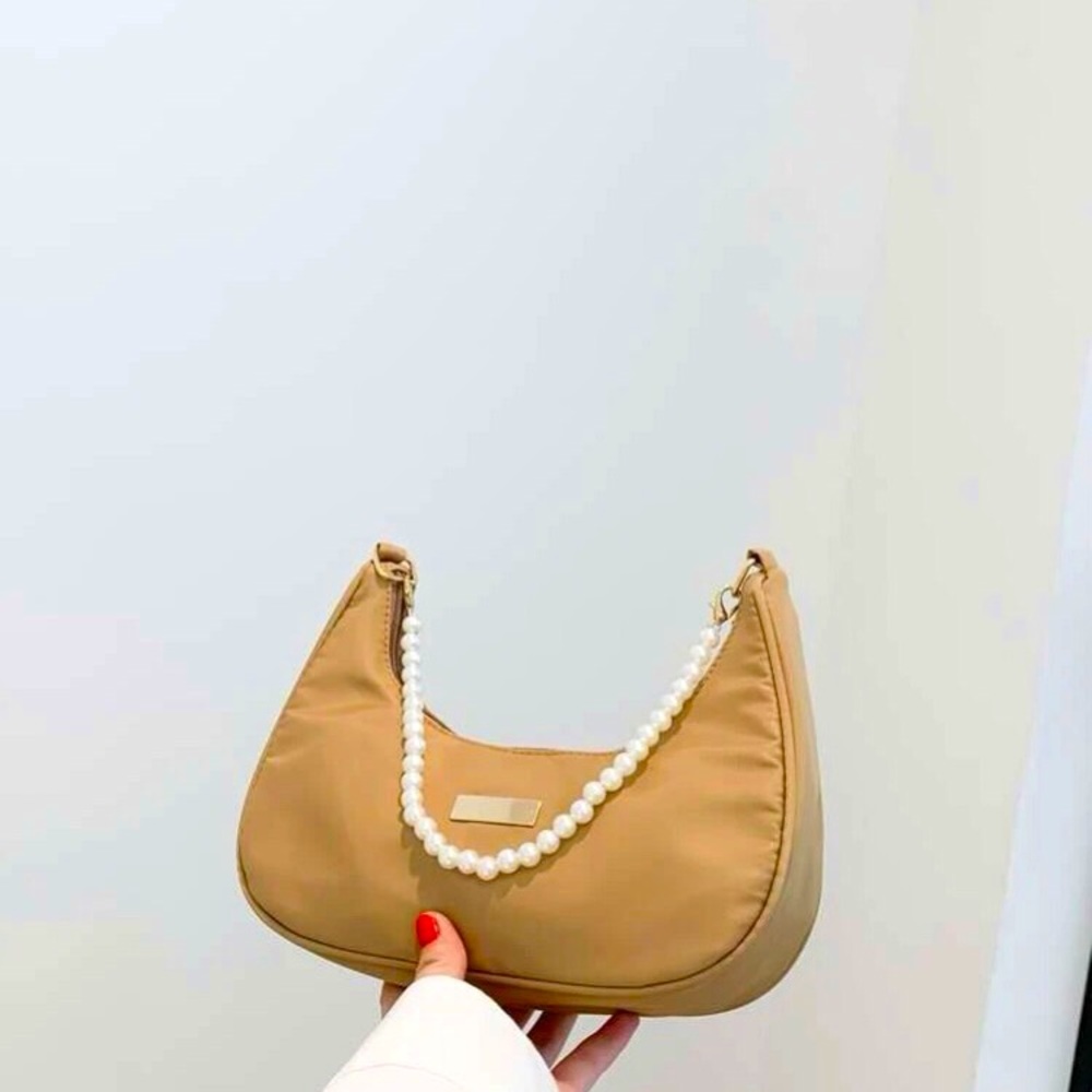 SHEIN Khaki Metal Detail Faux Pearl Decor Hobo Bag